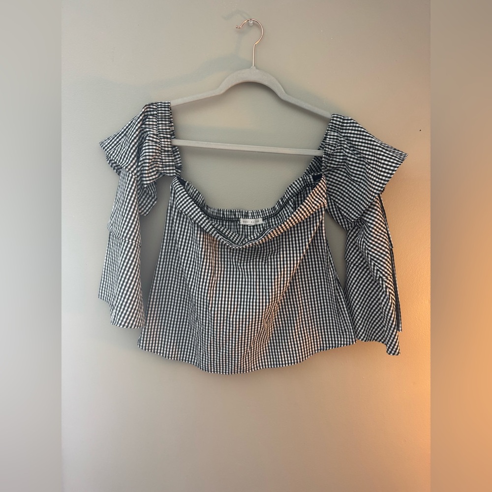 Gingham B&W off-shoulder flowy top